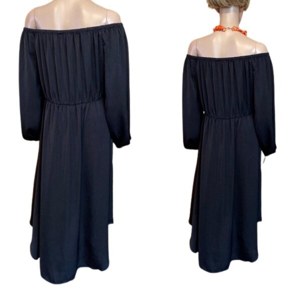 Off shoulders peasant style long puff sleeves high low‎ black midi dress XL - Picture 4 of 5